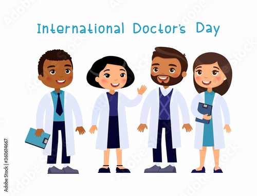 International Doctors`s Day concept. Multicultural medical workers  smiling and waving. Cute cartoon characters. Flat vector on white background.