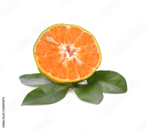 tangerine or mandarin fruit with leaves isolated on white background