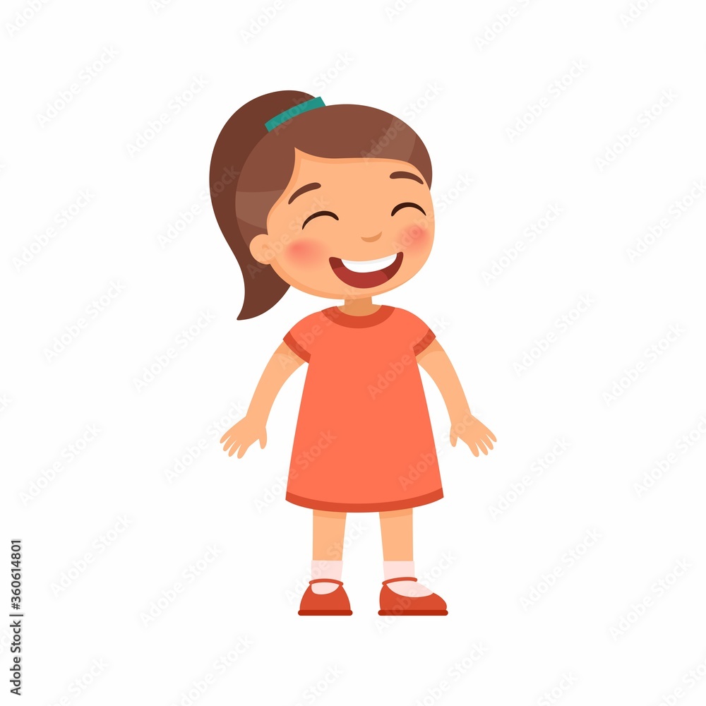 Laughing little girl flat vector illustration. Cheerful child with a smile on face standing alone cartoon character. Lonely kid in good mood, person happy expression isolated on white background Laughing little girl flat vector illustration. Cheerful child with a smile on face standing alone cartoon character. Lonely kid in good mood, person happy expression isolated on white background