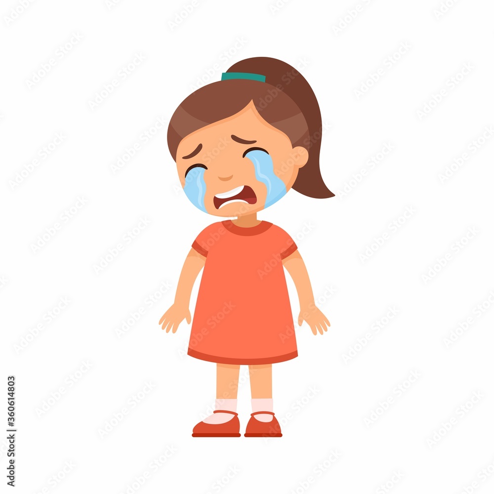 Crying sad little girl flat vector illustration. Upset child with tears on  face standing alone cartoon character. Lonely kid in bad mood, person  unhappy expression isolated on white background Stock Vector |
