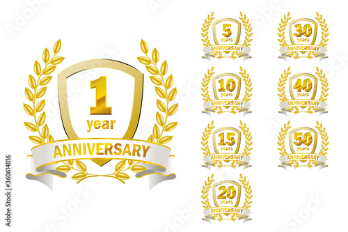 3D Anniversary emblem logo set white with laurel and laurel wreath motif 1st-50th anniversary,1 year anniversary-50 years anniversary  
