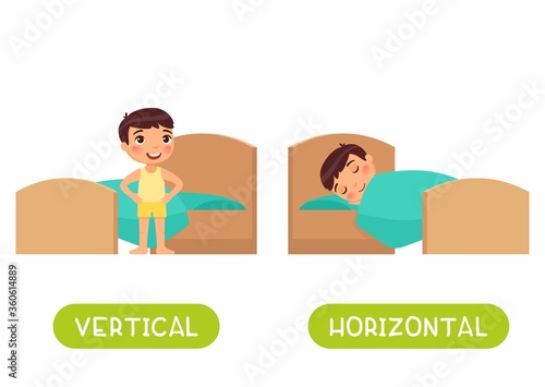 Opposites concept, HORIZONTAL and VERTICAL. Word card for language learning. Little boy is lying in bed, child is standing. Flashcard with antonyms for children vector template. Flat illustration