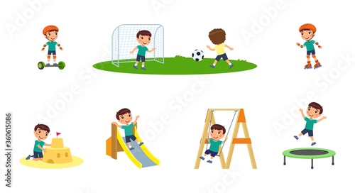 Little boy plays in the playground. Concept of summer entertainment. Child plays different summer games. Sport and recreation. Cartoon character, flat vector illustration set.