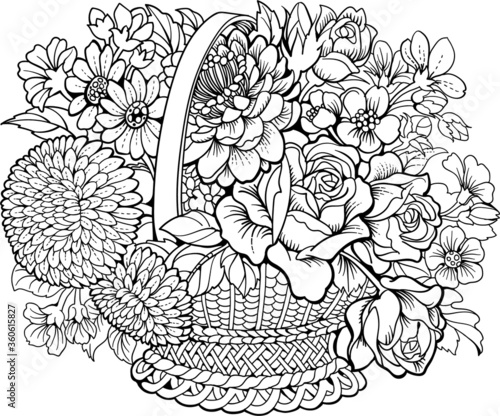Basket with different flowers. Coloring page