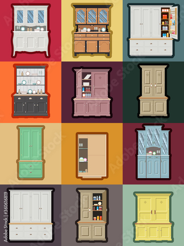 Set of Cupboards, Cabinets; Kitchen Lockers, Buffets. Various Styles and Colors, Isolated Set 