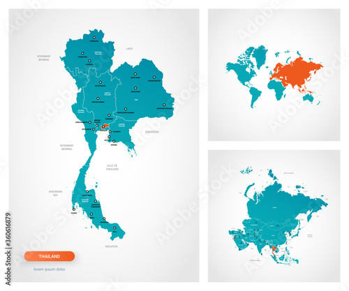Editable template of map of Thailand with marks. Thailand on world map and on Asia map.