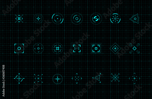 HUD callout target design elements. Set of callout futuristic pointer. Design elements for FUI, control panel and user men. Editable stroke. Good for animation. Vector