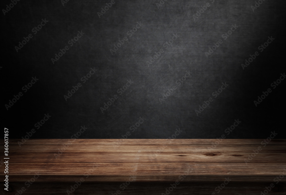 Empty wooden table on abstract black wall in dark room background 3d illustration. - obrazy, fototapety, plakaty 