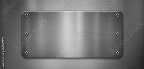 Polished metal plate with rivets on a steel background 3D illustration.