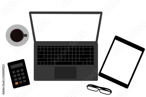Modern business office desk with workspace creative flat design vector illustration. Top view workplace tabletop background with laptop computer, digital tablet, calculator, eye glasses and coffe cup.