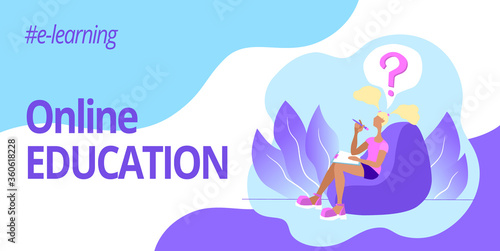 Banner for web page template. Online education. Student girl is thinking about solving task and asking question. Concept of e-learning and home schooling. Stock vector flat illustration.