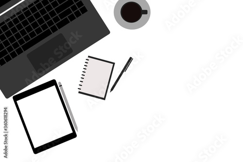 Modern creative business office desk with workspace flat design vector illustration. Top view workplace desktop background with computer keyboard, digital tablet, diary notebook, pen and cup of coffe 