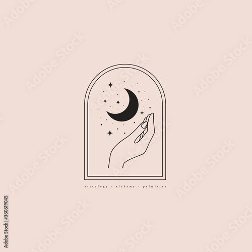 Mystical composition with hand, stars, and crescent on a light background. Boho style and esoterics. Ethnic magic and astrological symbols. Vector illustration.