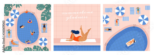 Set of summer illustrations with resting young beautiful women. Plump girls in swimsuits lie and spend leisure time near the pool. Summer relaxing holiday. Vector illustration in trendy flat style.