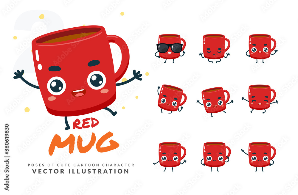 Vector set of cartoon images of Red Mug. Part 2 - obrazy, fototapety, plakaty 