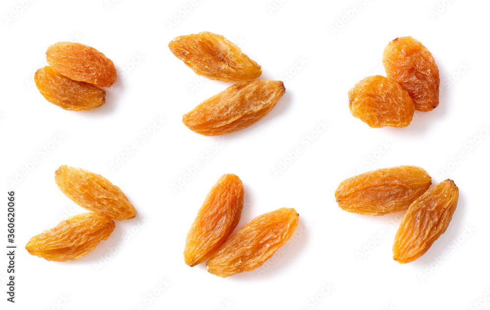 yellow raisins isolated on white background, top view yellow raisins isolated on white background, top view