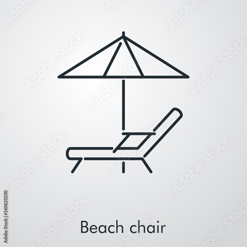 Concepto de vacaciones y viajes. Icono plano lineal silla de playa con sombrilla en fondo gris