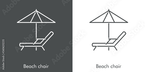 Concepto de vacaciones y viajes. Icono plano lineal silla de playa con sombrilla en fondo gris y fondo blanco