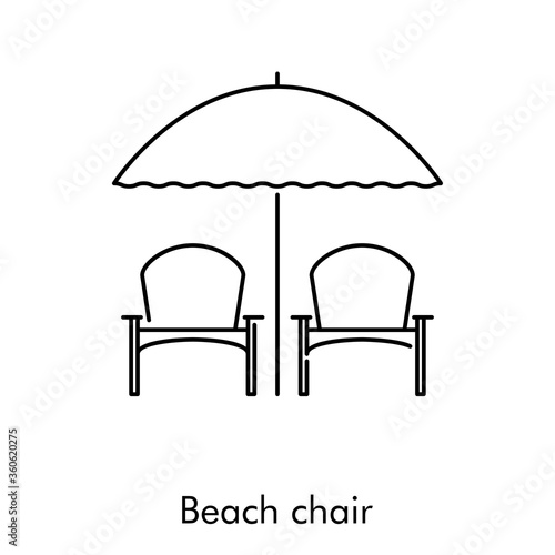 Concepto de vacaciones y viajes. Icono plano lineal 2 sillas de playa con sombrilla en color negro