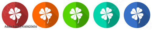 Four-leaf clover icon set, red, blue, green and orange flat design web buttons isolated on white background, vector illustration