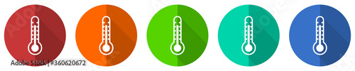 Thermometer icon set, red, blue, green and orange flat design web buttons isolated on white background, vector illustration