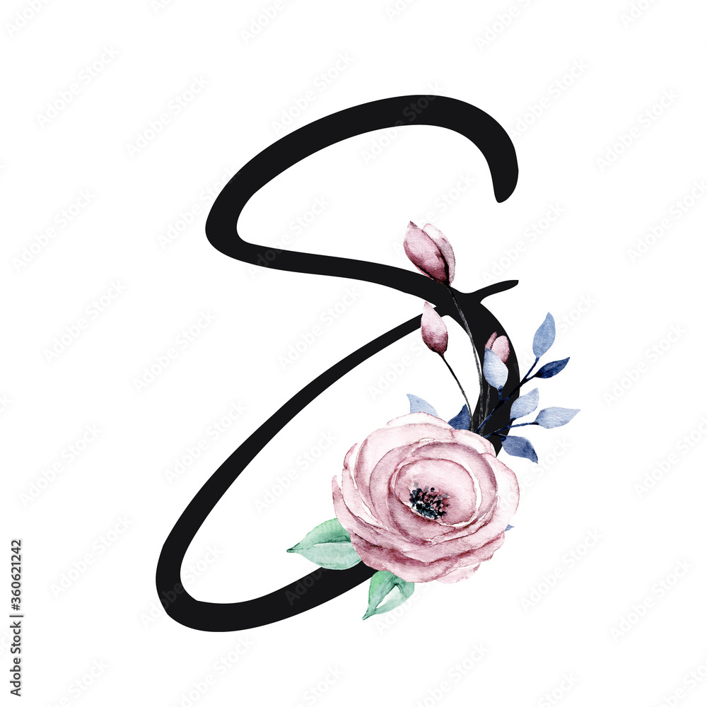 Letter S with watercolor flower and leaves. Letterhead, monogram ...