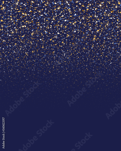 Gold dust on blue background. Falling bright sparkling particles. Gold glitter confetti. Falling sparkles. Golden light effect. Bokeh lights. Vertical design wedding celebration. Sparkling backdrop