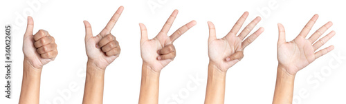 five fingers count signs isolated on white background with Clipping path included. Communication gestures concept