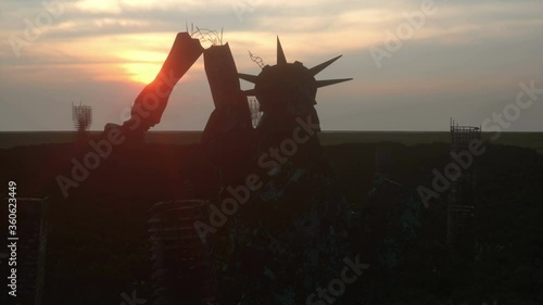 Apocalypse of USA, America. Aerial View of the destroyed city. Apocalypse concept. Super realistic 4k animation.