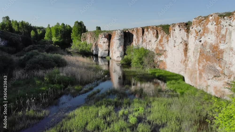 Aerial view: national Park in the wild taiga with beautiful rocks on the banks. Aerial view: national Park in the wild taiga with beautiful rocks on the banks.