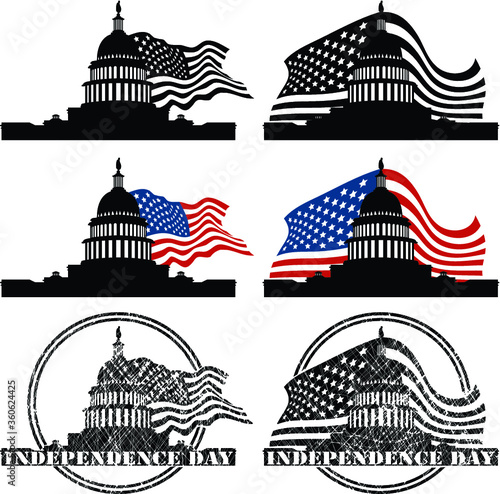 Black house silhouette black on USA flag background. Independence Day.