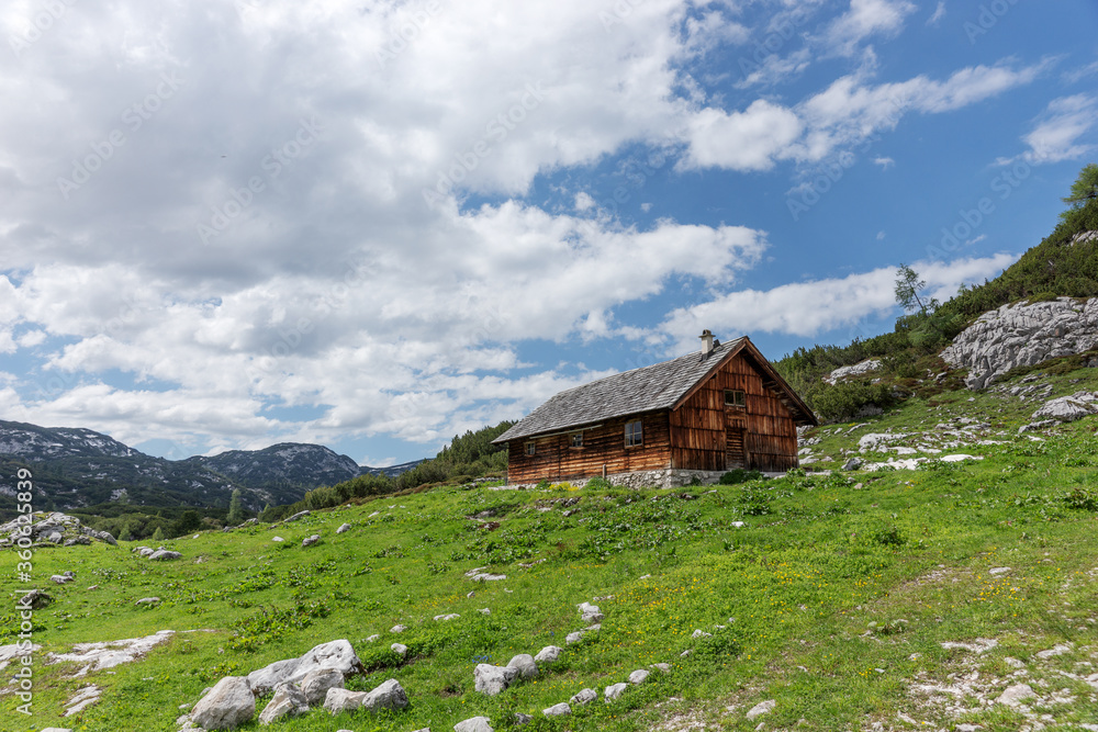 Wooden hut on the austrian mountainsin the region Salzkammergut. Austria