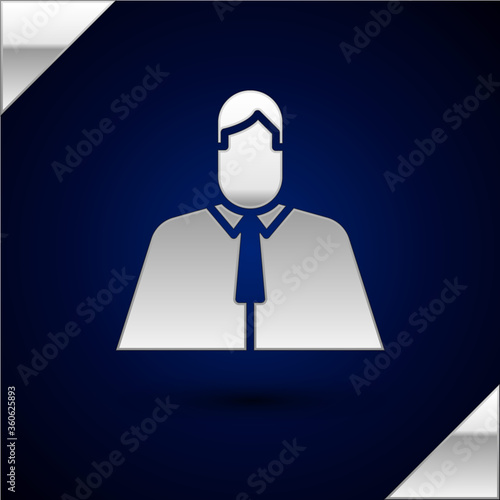 Silver Lawyer, attorney, jurist icon isolated on dark blue background. Jurisprudence, law or court icon. Vector Illustration.