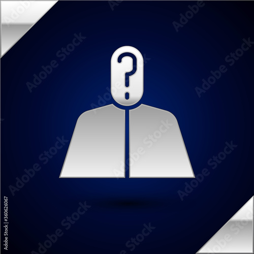 Silver Anonymous man with question mark icon isolated on dark blue background. Unknown user, incognito profile, business secrecy, obscurity. Vector Illustration.