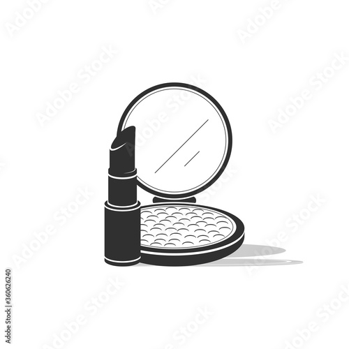 Lipstick and face powder isolated on a light background. Black-white icon for mobile concept and web applications.