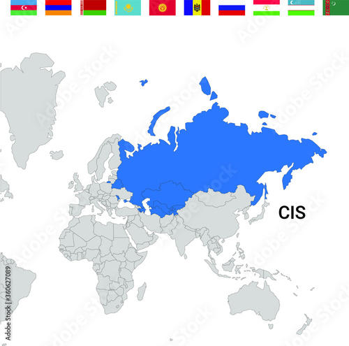 Map of the Commonwealth of Independent States (CIS) with flags photo