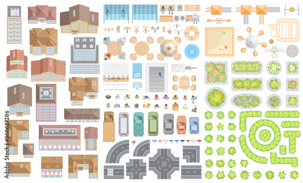 Set of landscape elements. Houses, architectural elements, furniture, plants. Top view. Road, cars, people, furniture, houses, playground, flowerbed. View from above. 