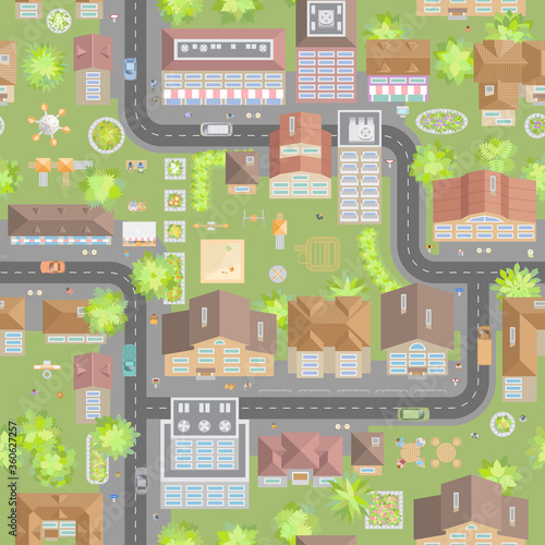 Seamless pattern cityscape. (top view) The city with streets, houses, roads, cars. (view from above) 