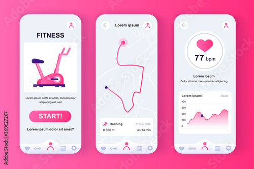 Fitness workout unique neomorphic pink design kit for mobile app. Fitness tracker with running route planner and heart rate monitor. Sport UI, UX template set. GUI for responsive mobile application.