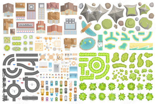 Set of landscape elements. Houses, architectural elements, furniture, plants. Top view. Road, cars, people, furniture, houses, playground, flowerbed. View from above. 