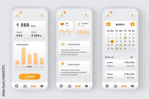 Fitness workout unique neomorphic design kit. Fitness activity app with calendar planner, heart rate monitor and online analytics. Sport UI, UX template set. GUI for responsive mobile application.