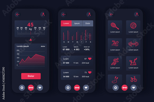 Fitness workout unique neomorphic design kit for app. Choice of fitness program, health monitoring and current activity level. Sport planner UI, UX template set. GUI for responsive mobile application.