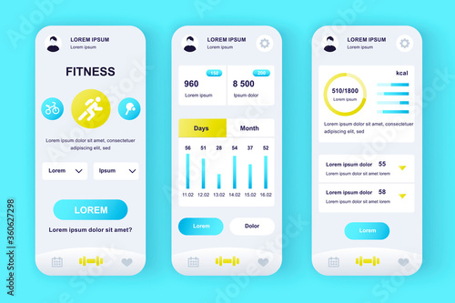 Fitness workout unique neomorphic design kit. Personal trainer app with activity analytics, strength and cardio training. Sport activity UI, UX template set. GUI for responsive mobile application.