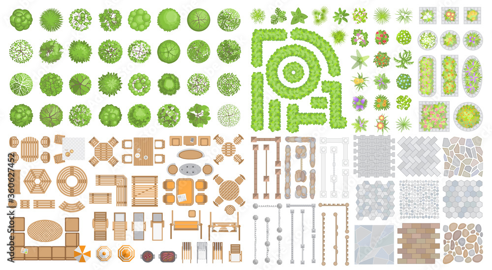 Vector set for landscape design. Outdoor furniture, architectural elements, trees and plants. (top view) Fences, paths, tile, benches, tables, chairs, sun loungers, umbrellas. (view from above)