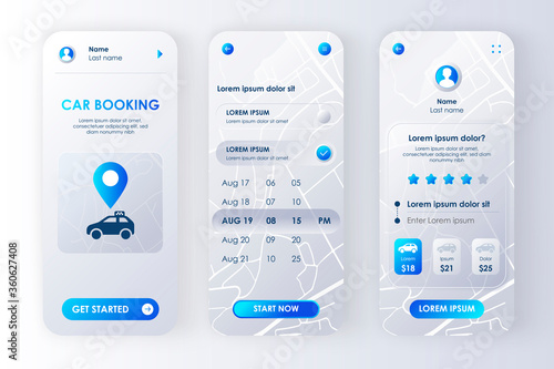 Car booking unique neomorphic design kit for app. Car sharing service UI, UX template set. Online rent car screens with prices, calendar planner and rating. GUI for responsive mobile application.