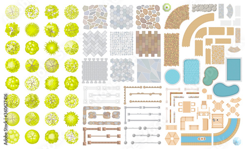 Set of park elements. (Top view) Collection for landscape design, plan, maps. (View from above) Fences, paths, furniture, swimming pools and trees.