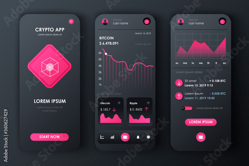 Cryptocurrency unique neomorphic design kit for app. Bitcoin mining screens with charts and financial analytics. Cryptocurrency trading platform UI, UX templates. GUI for responsive mobile application