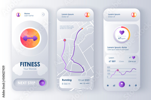 Fitness monitor unique neomorphic design kit for app. Personal tracker with running route on map, activity analytics, heartbeat rate. Sport UI, UX template set. GUI for responsive mobile application.