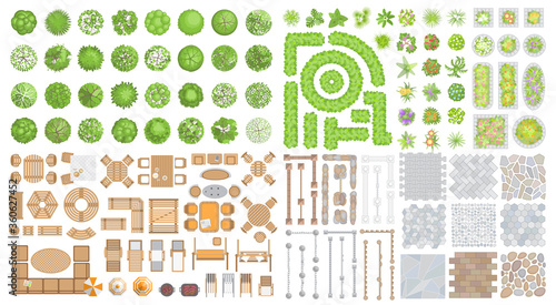 Vector set for landscape design. Outdoor furniture, architectural elements, trees and plants. (top view) Fences, paths, tile, benches, tables, chairs, sun loungers, umbrellas. (view from above)
