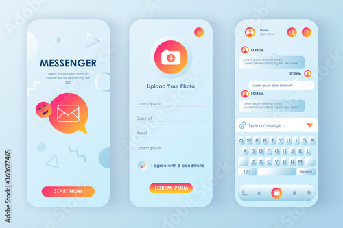 Online messenger unique neomorphic design kit for app. Social network texting service with user profile and chat keyboard. Mobile messenger UI, UX template set. GUI for responsive mobile application.